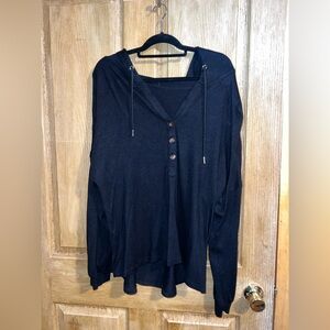 Black V-Neck Henley Hoodie Top - Women's Black Long Sleeve size XL